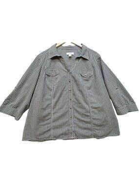 Cj Banks Women's Cotton Button-Up Blouse 3/4 Sleeve Size 2X Black White Gingham
